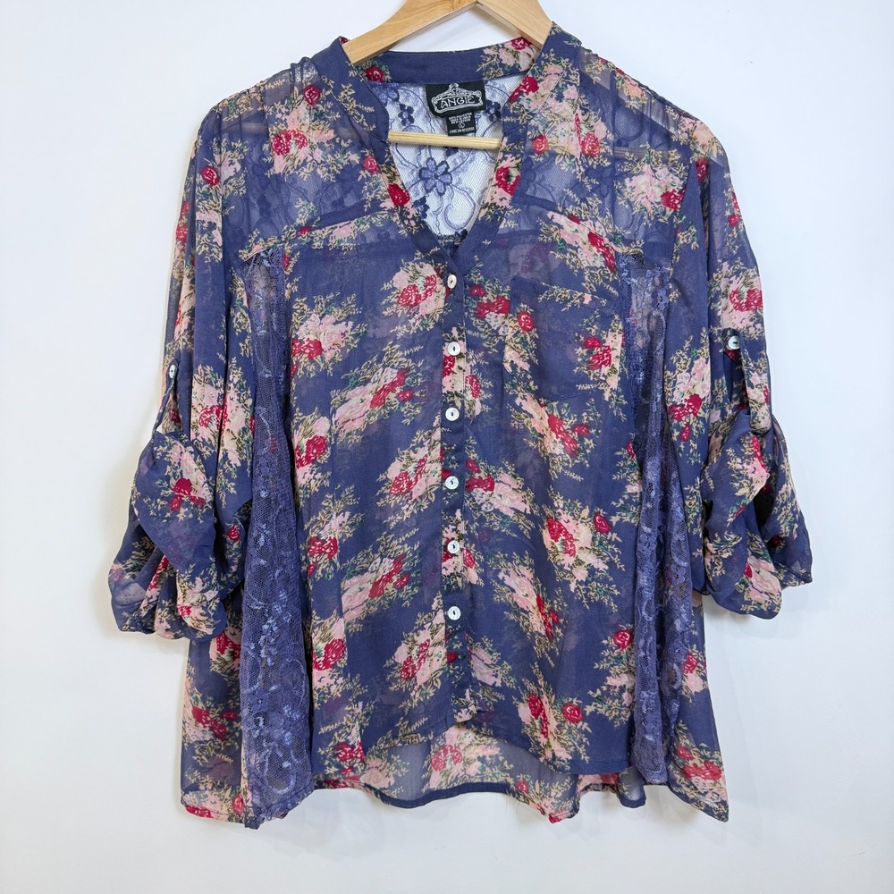 Angie Sheer Floral‎ Lace Button Up Top Large Blue Roll Tab Sleeves Pockets Boho